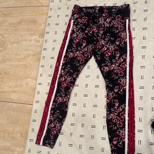 Lorna Jane Floral Black Leggings with Red Stripes